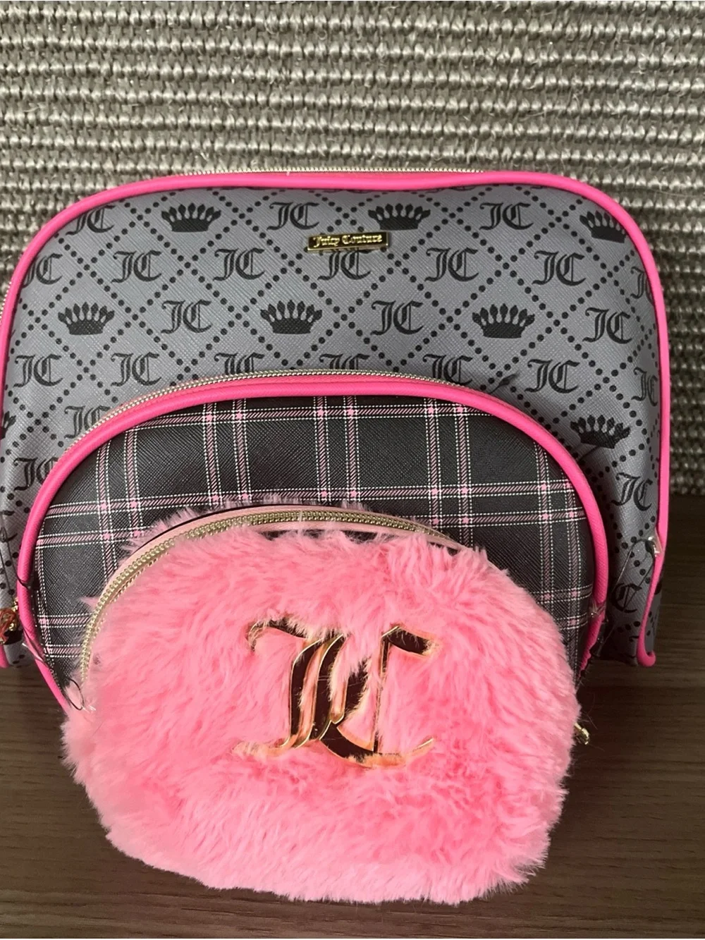Juicy Couture Pink and Gray Faux-Fur Cosmetic Bag Set